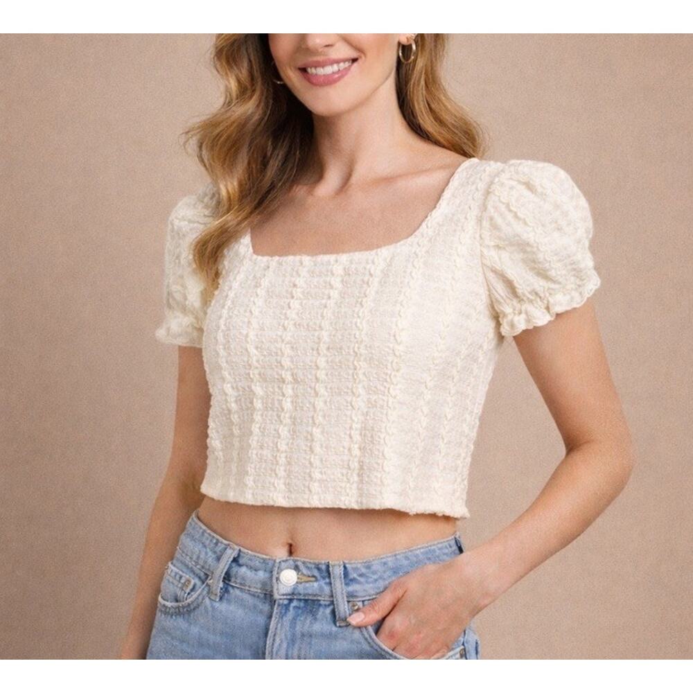 Lulus Textured Short Sleeve Top Size M Cream Open Back Festival Cottage Coquette
